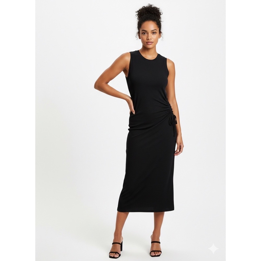 And Now This Black Ribbed Side Cutout Ruched Midi Dress XL NEW!